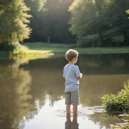 A young boy peacefully fishing at the edge of a serene pond under a gentle sunlight