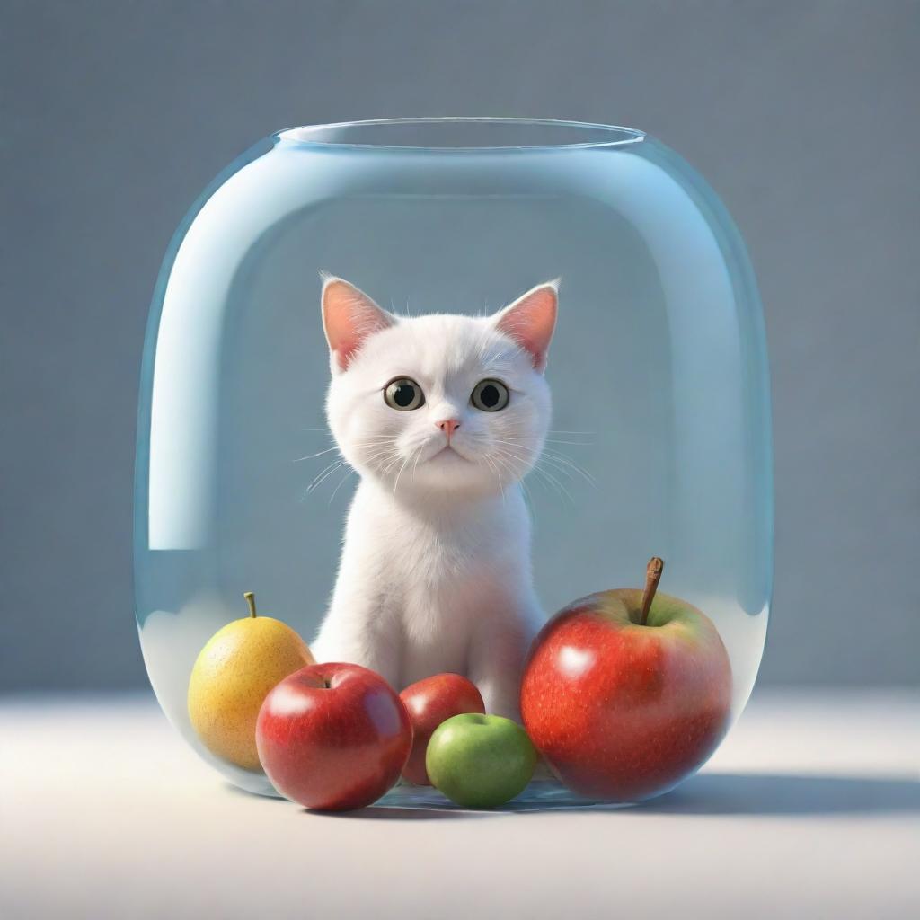 A 3D cartoon of a petite cat sitting underneath a massive glass containing an oversized fruit