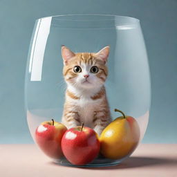 A 3D cartoon of a petite cat sitting underneath a massive glass containing an oversized fruit