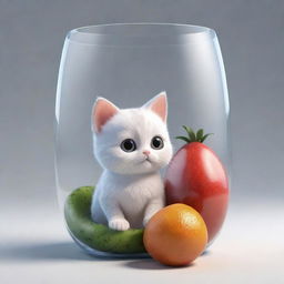 A 3D cartoon of a petite cat sitting underneath a massive glass containing an oversized fruit