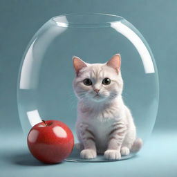 A 3D cartoon of a petite cat sitting underneath a massive glass containing an oversized fruit