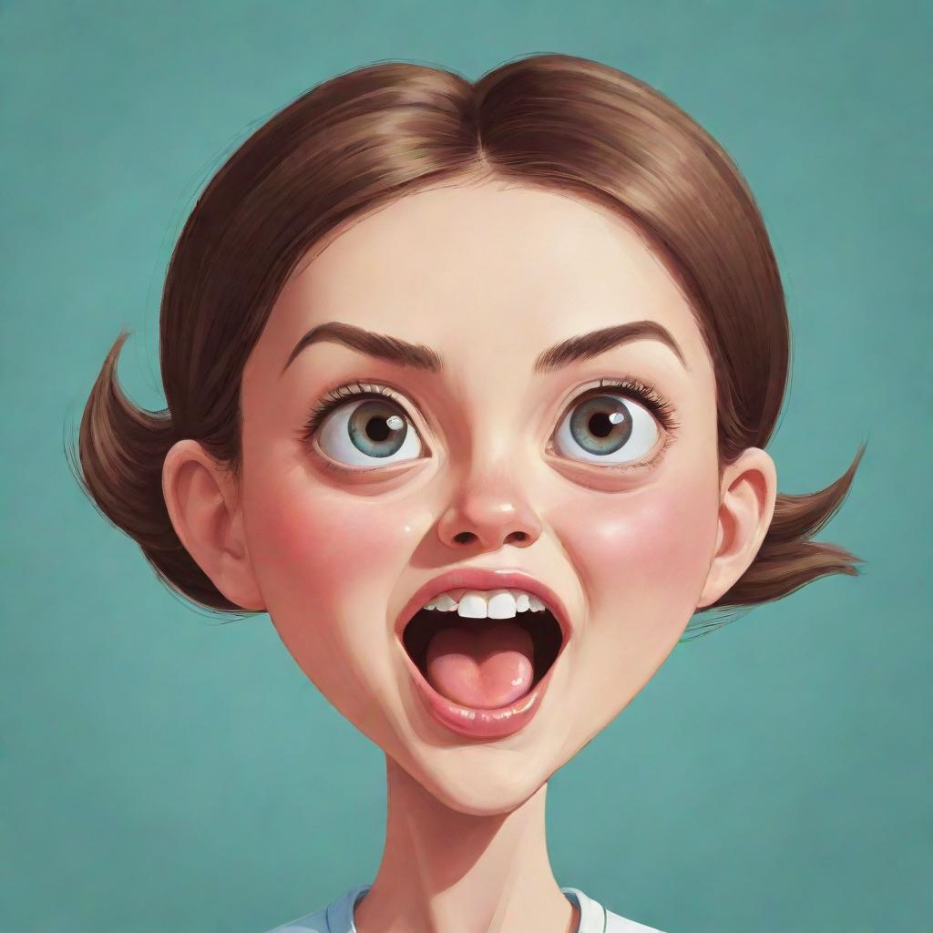 A quirky and cartoonish illustration of a girl with an oversized head, displaying exuberant facial expressions.