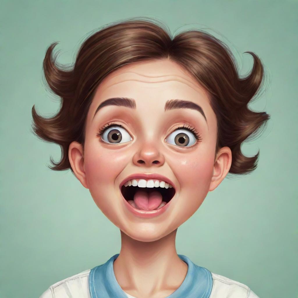 A quirky and cartoonish illustration of a girl with an oversized head, displaying exuberant facial expressions.