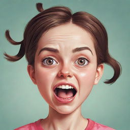 A quirky and cartoonish illustration of a girl with an oversized head, displaying exuberant facial expressions.