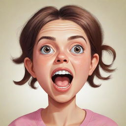 A quirky and cartoonish illustration of a girl with an oversized head, displaying exuberant facial expressions.