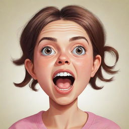 A quirky and cartoonish illustration of a girl with an oversized head, displaying exuberant facial expressions.