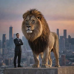 A fearless man and a majestic lion standing side by side, with a sprawling city skyline in the background during twilight