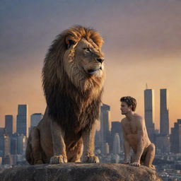 A fearless man and a majestic lion standing side by side, with a sprawling city skyline in the background during twilight