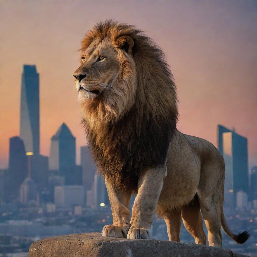 A fearless man and a majestic lion standing side by side, with a sprawling city skyline in the background during twilight