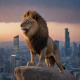 A fearless man and a majestic lion standing side by side, with a sprawling city skyline in the background during twilight