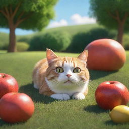 A 3D cartoon of a petite cat resting beneath a huge fruit in a vibrant grassy setting