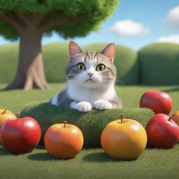 A 3D cartoon of a petite cat resting beneath a huge fruit in a vibrant grassy setting