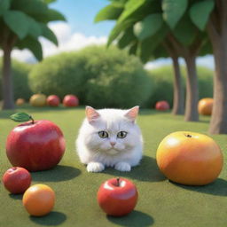 A 3D cartoon of a petite cat resting beneath a huge fruit in a vibrant grassy setting