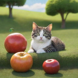 A 3D cartoon of a petite cat resting beneath a huge fruit in a vibrant grassy setting