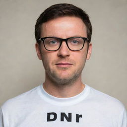 A man wearing glasses and a t-shirt that prominently features the abbreviation 'DNR'