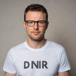 A man wearing glasses and a t-shirt that prominently features the abbreviation 'DNR'