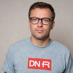 A man wearing glasses and a t-shirt that prominently features the abbreviation 'DNR'