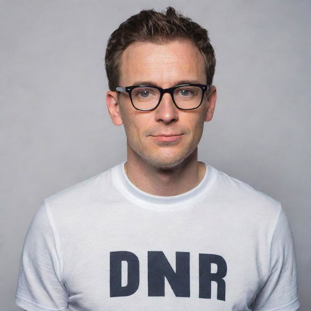 A man wearing glasses and a t-shirt that prominently features the abbreviation 'DNR'