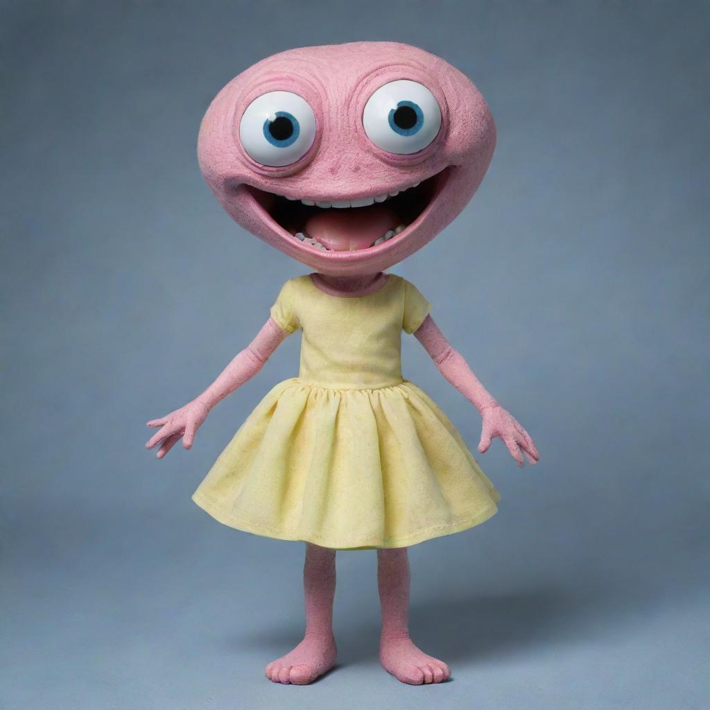 Create an unusual extraterrestrial creature with one eye, a wide yet closed-lipped smile. This being has hands where legs should be, legs as hands, and it's wearing a skirt.