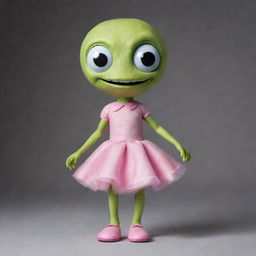 Create an unusual extraterrestrial creature with one eye, a wide yet closed-lipped smile. This being has hands where legs should be, legs as hands, and it's wearing a skirt.