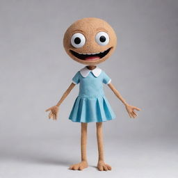 Create an unusual extraterrestrial creature with one eye, a wide yet closed-lipped smile. This being has hands where legs should be, legs as hands, and it's wearing a skirt.