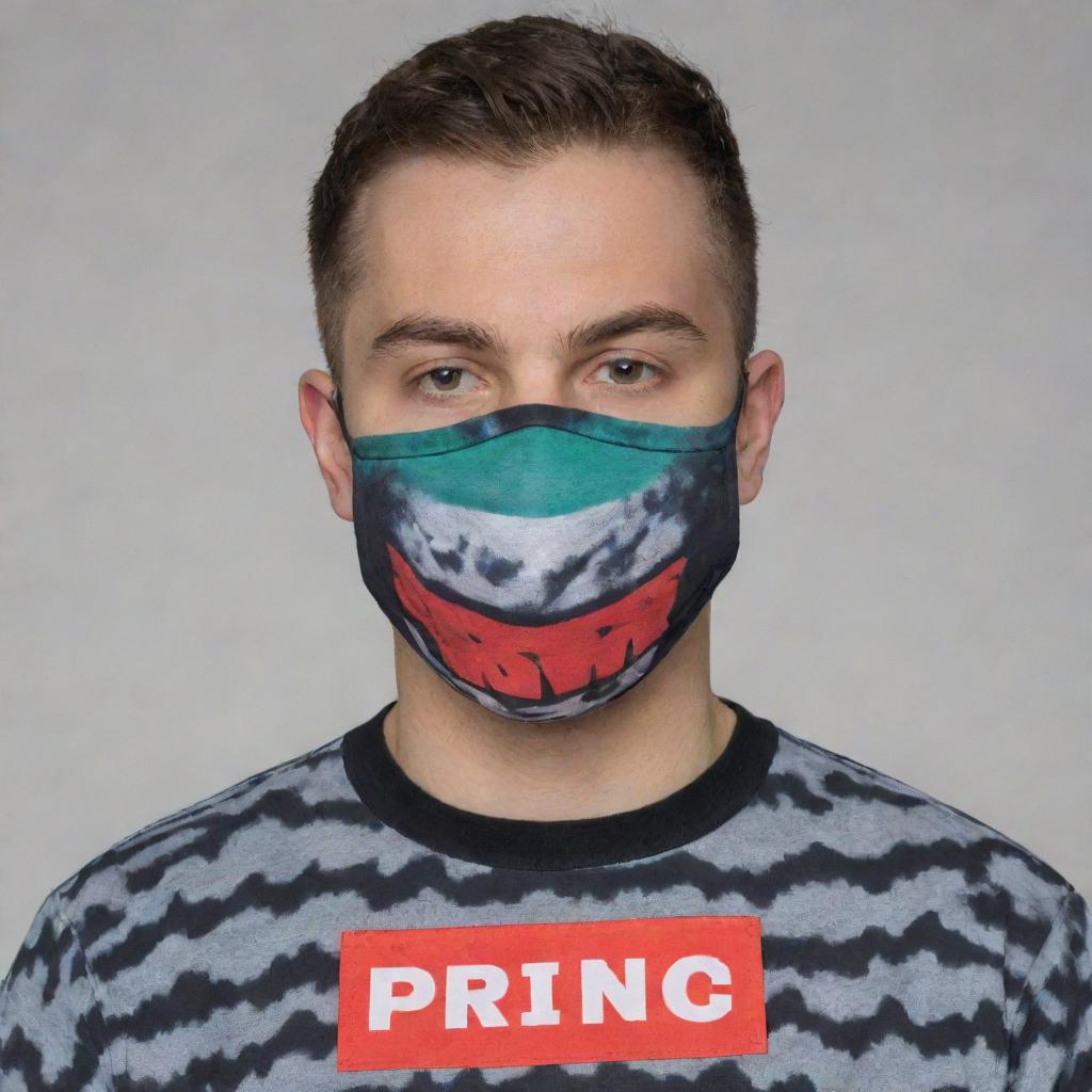 A masked man wearing a prominently featured 'DNR' printed shirt