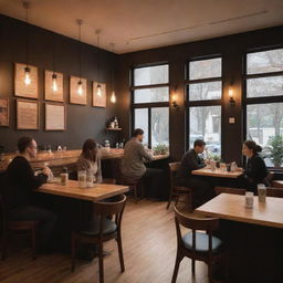 A cozy, warm coffee shop interior with wooden furniture, dimmed lights, and people subtly engrossed in their activities. Aroma of fresh coffee lingers in the air and soft jazz music sets mood in the background.