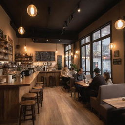 A cozy, warm coffee shop interior with wooden furniture, dimmed lights, and people subtly engrossed in their activities. Aroma of fresh coffee lingers in the air and soft jazz music sets mood in the background.