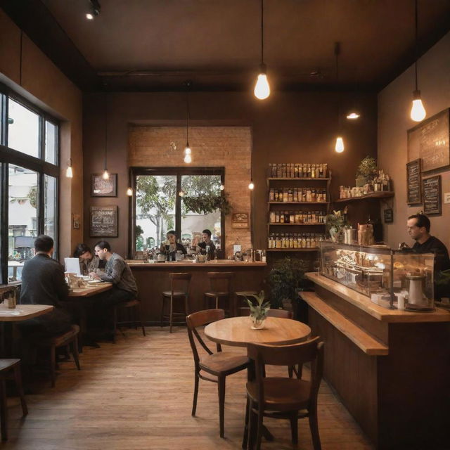 A cozy, warm coffee shop interior with wooden furniture, dimmed lights, and people subtly engrossed in their activities. Aroma of fresh coffee lingers in the air and soft jazz music sets mood in the background.