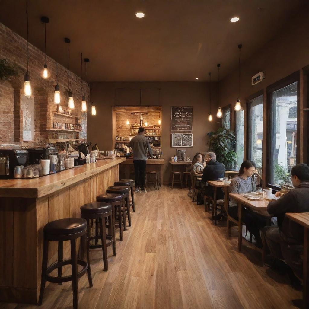 A cozy, warm coffee shop interior with wooden furniture, dimmed lights, and people subtly engrossed in their activities. Aroma of fresh coffee lingers in the air and soft jazz music sets mood in the background.