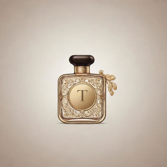 Design a stylish and elegant perfume logo starting with the letter T. Include intricate details and sleek design elements to signify luxury and sophistication.