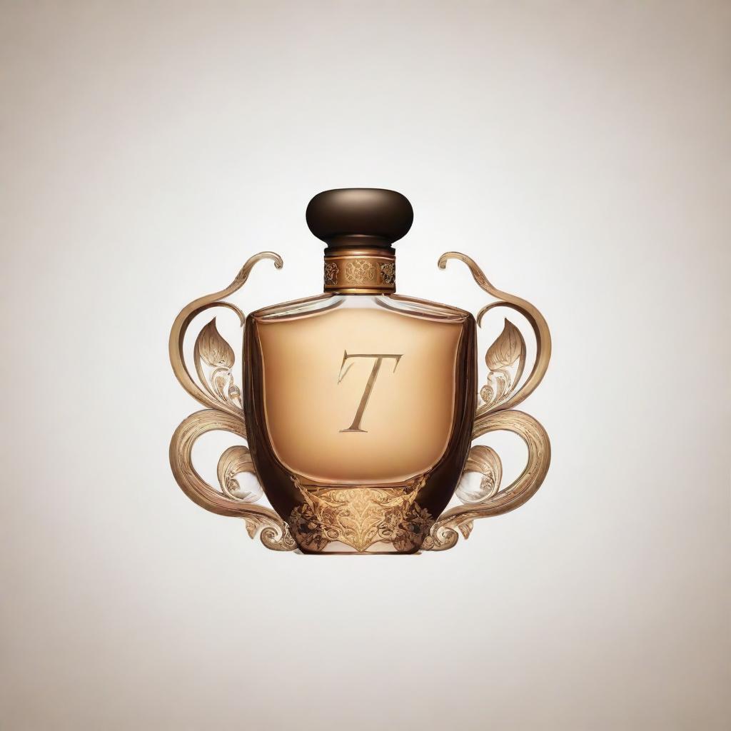 Design a stylish and elegant perfume logo starting with the letter T. Include intricate details and sleek design elements to signify luxury and sophistication.