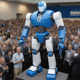 Illustrate a comic-style, muscular prototype robot with blue and white color scheme, being unveiled to an eager crowd of hundreds of journalists in a gigantic press conference