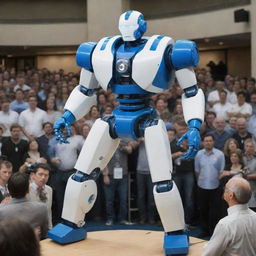 Illustrate a comic-style, muscular prototype robot with blue and white color scheme, being unveiled to an eager crowd of hundreds of journalists in a gigantic press conference