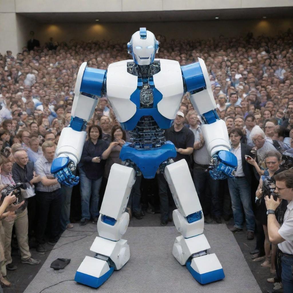 Illustrate a comic-style, muscular prototype robot with blue and white color scheme, being unveiled to an eager crowd of hundreds of journalists in a gigantic press conference