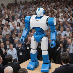 Illustrate a comic-style, muscular prototype robot with blue and white color scheme, being unveiled to an eager crowd of hundreds of journalists in a gigantic press conference