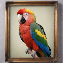 A vivid 3D artistic representation of a parrot, vibrant in color, displayed within an elegant frame