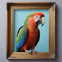 A vivid 3D artistic representation of a parrot, vibrant in color, displayed within an elegant frame