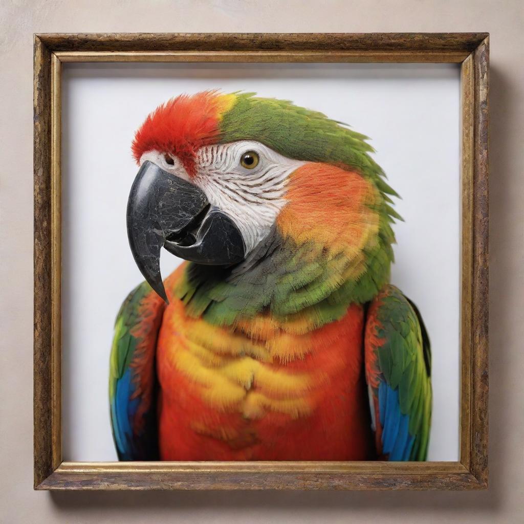 A vivid 3D artistic representation of a parrot, vibrant in color, displayed within an elegant frame