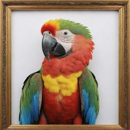 A vivid 3D artistic representation of a parrot, vibrant in color, displayed within an elegant frame