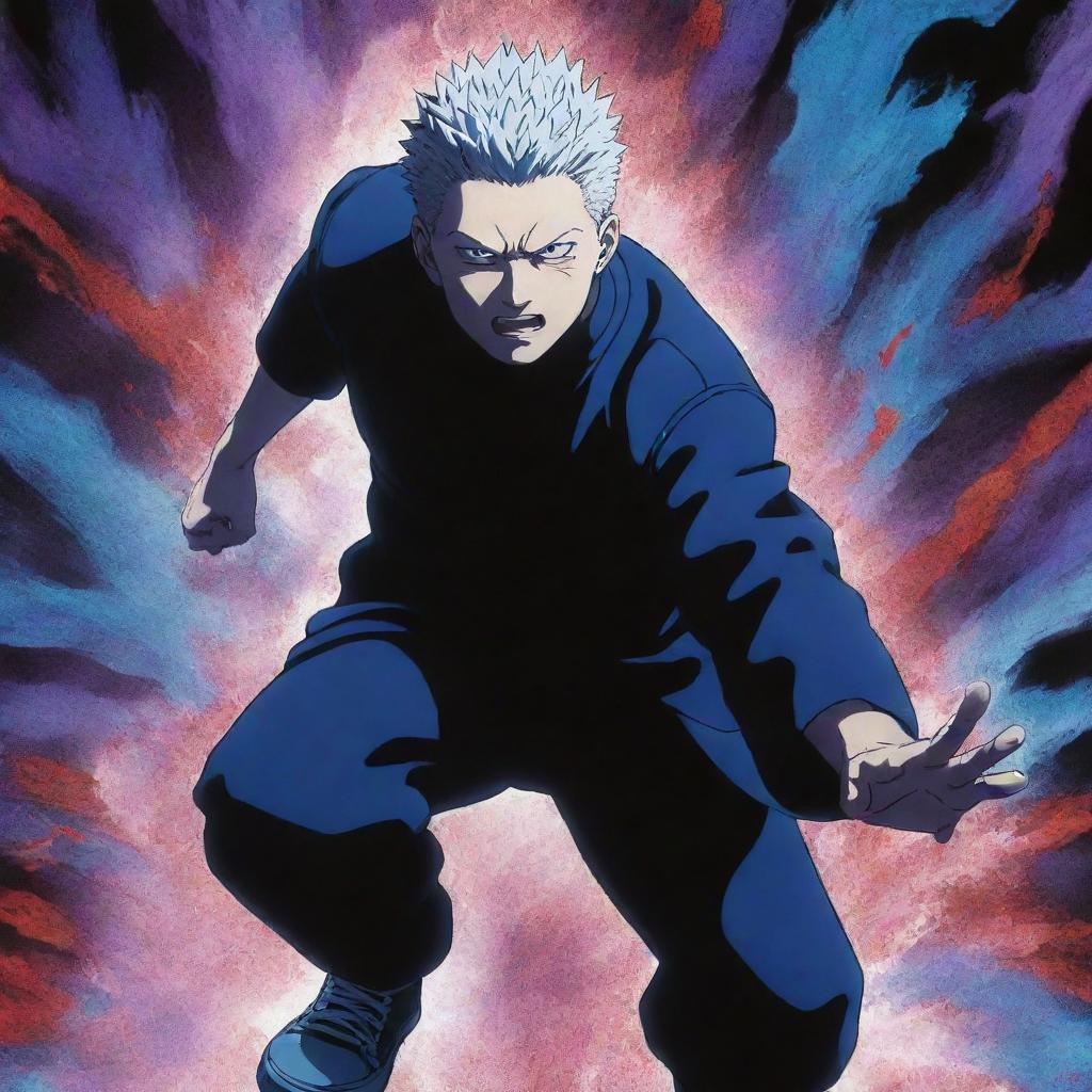 Gojo Satoru from Jujutsu Kaisen unleashing his full power, surrounded by cool blue, red, and purple effects