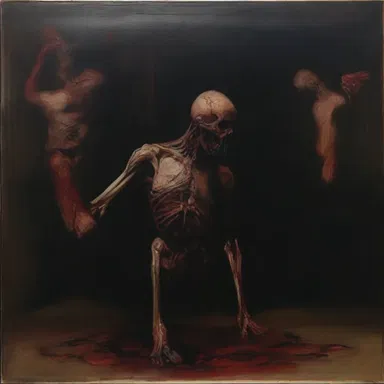 The dark and eerie painting depicted a scene of evisceration, symbolizing the vulnerability of human existence.