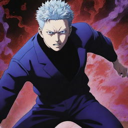 Gojo Satoru from Jujutsu Kaisen unleashing his full power, surrounded by cool blue, red, and purple effects