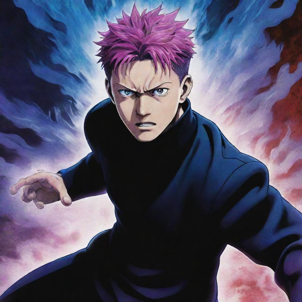 Gojo Satoru from Jujutsu Kaisen unleashing his full power, surrounded by cool blue, red, and purple effects