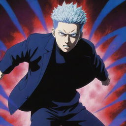 Gojo Satoru from Jujutsu Kaisen unleashing his full power, surrounded by cool blue, red, and purple effects