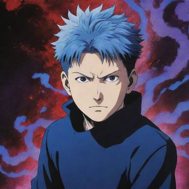 Gojo Satoru from Jujutsu Kaisen surrounded by vivid blue, red, and purple effects