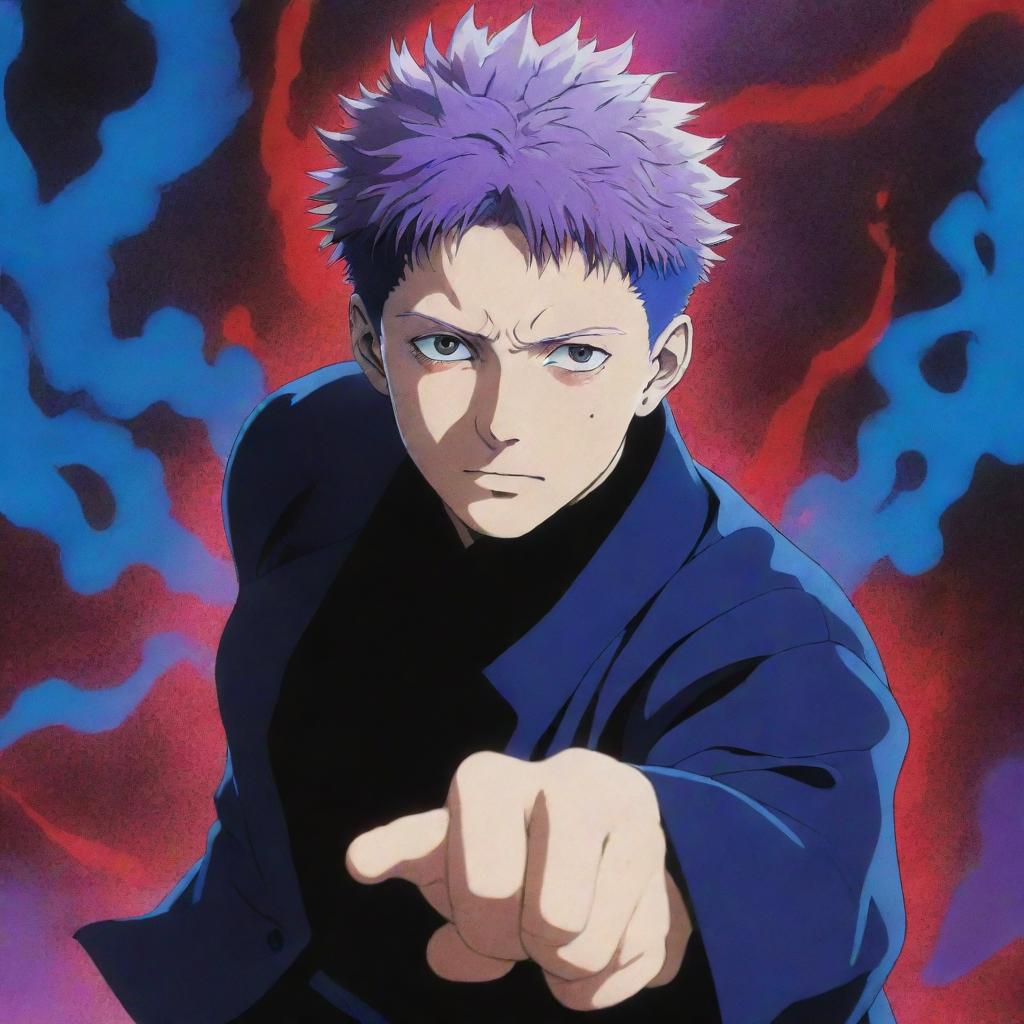 Gojo Satoru from Jujutsu Kaisen surrounded by vivid blue, red, and purple effects