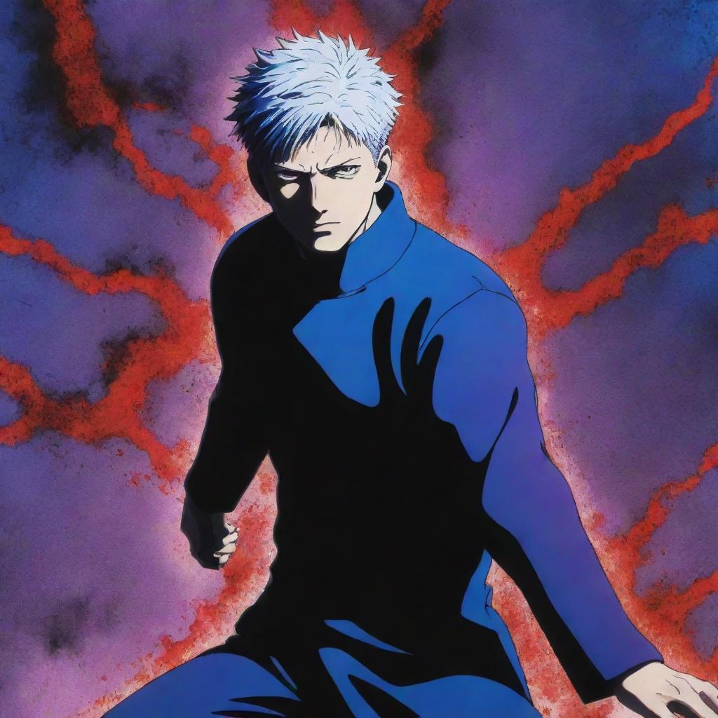 Gojo Satoru from Jujutsu Kaisen surrounded by vivid blue, red, and purple effects