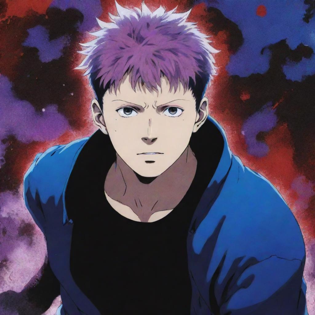 Gojo Satoru from Jujutsu Kaisen surrounded by vivid blue, red, and purple effects