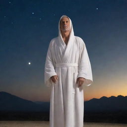 A dignified figure, cloaked in a white robe, emanating a divine light, standing under the tranquil night sky.